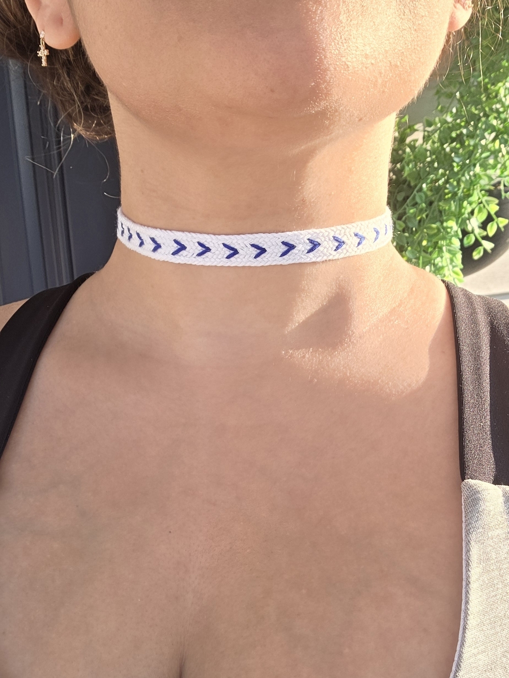 White and Blue Chevron Fabric Choker Necklace + Silver Chain Extender